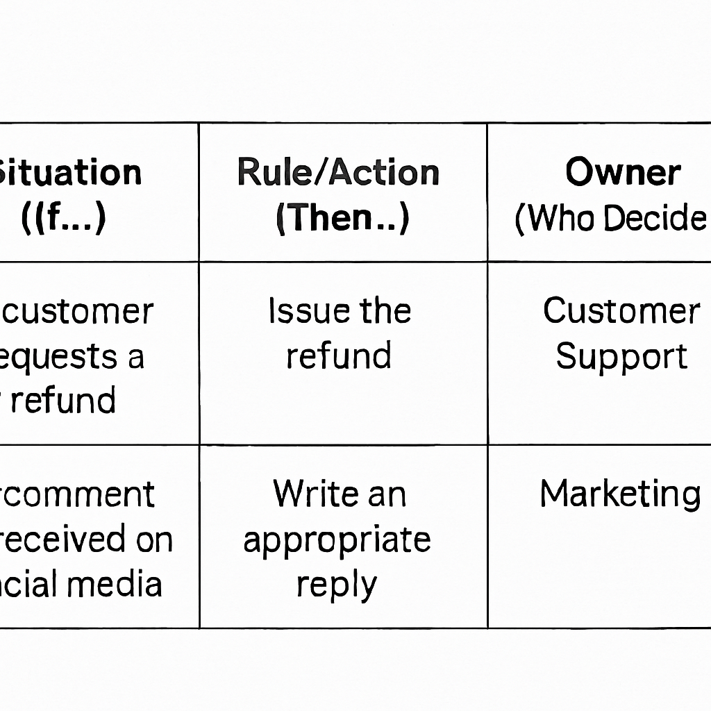 3cc007e5-25cf-4f44-b5a9-c14029b21443 - Vital Home Care decision fatigue A simple, clean three-column table. Column 1 Header: "Situation (If...)". Column 2 Header: "Rule/Action (Then...)". Column 3 Header: "Owner (Who Decides)". The table has two example rows: one for customer refunds and one for social media responses