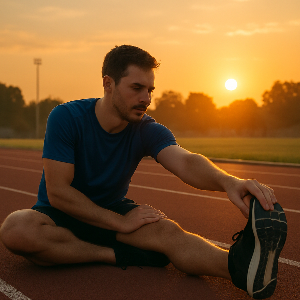 4ab1c423-66f0-4c6b-862b-f6a9d566b8b6 - Vital Home Care A simple and clear photo of a runner stretching calmly on a track after a run, with the sun setting in the background