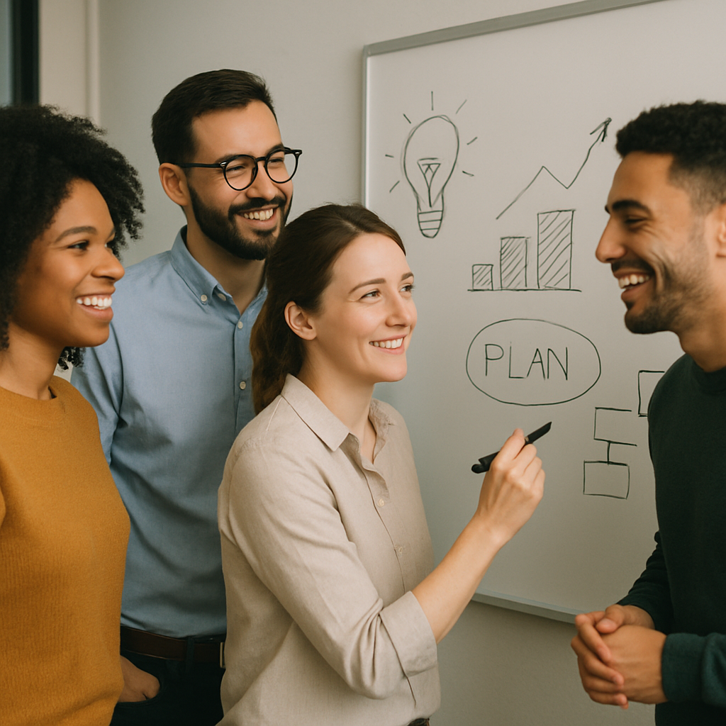 5c3e376b-e952-4d81-8808-555154fa0418 - Vital Home Care A diverse, engaged team collaborating around a whiteboard, looking focused and positive, not stressed or exhausted