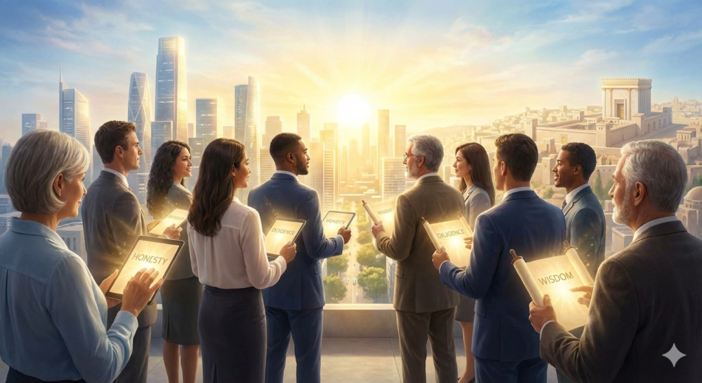 A diverse group of leaders on a high vantage point, looking out at a rising sun over a city, holding tablets that glow with biblical faith-based leadership ethics principles. 