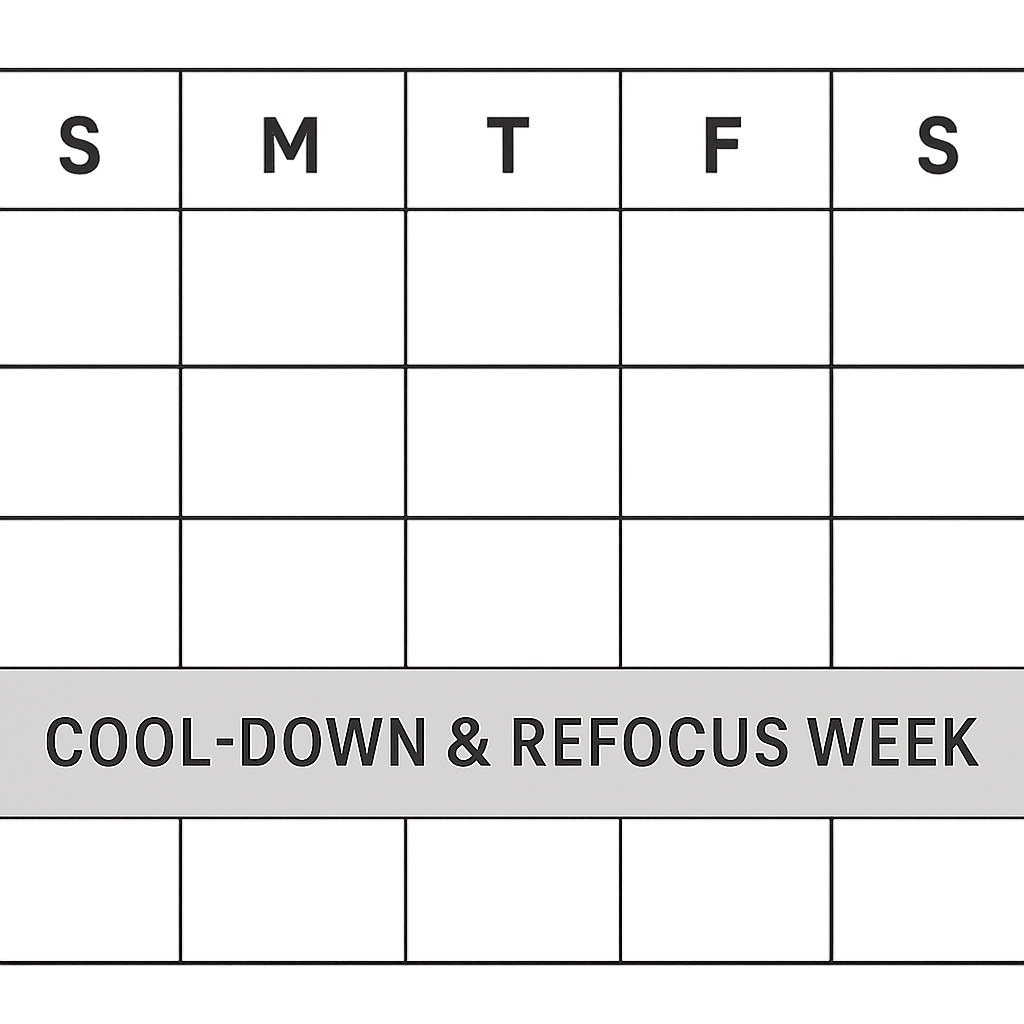 aaa0c5d8-52b1-4195-97eb-0150a4e62d74 - Vital Home Care A simple graphic of a monthly calendar with one week shaded and labeled "Cool-Down & Refocus Week."